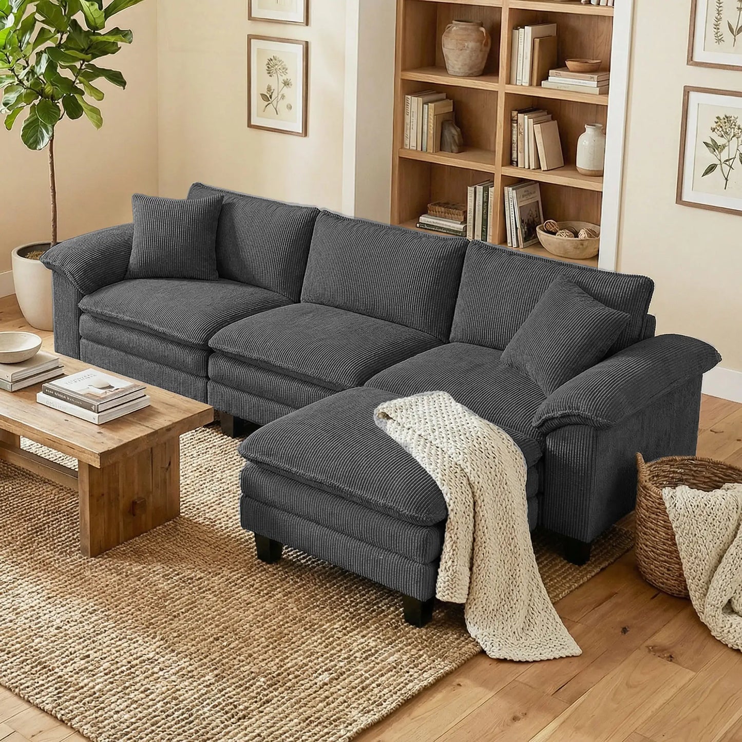 L-Shaped Sectional Sofa, Movable Ottoman, Pillow-Top Armrests, Dark Grey 3-Seater Sofas at Gallery Canada
