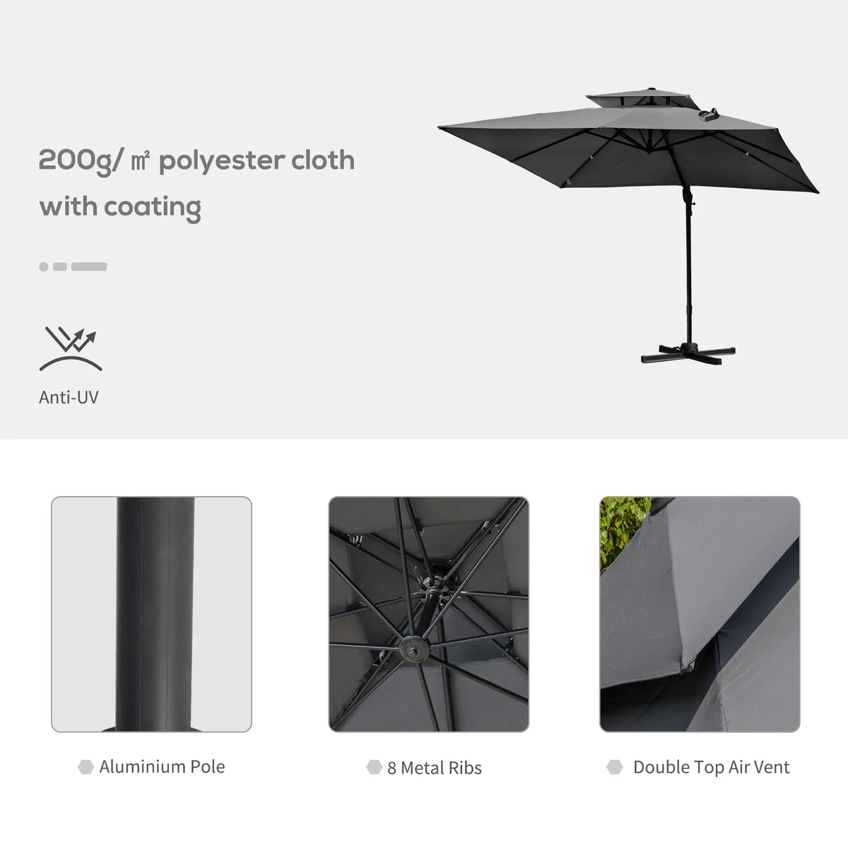10' x 10' Cantilever Patio Umbrella, Double Top, 360° Rotation, 5 Tilt Angles, Charcoal Grey Cantilever Umbrellas at Gallery Canada