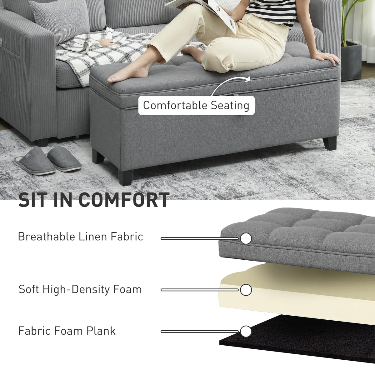 Storage Ottoman Bench, Foot Rest, 47 Inches, Dark Grey Storage Ottomans & Benches at Gallery Canada