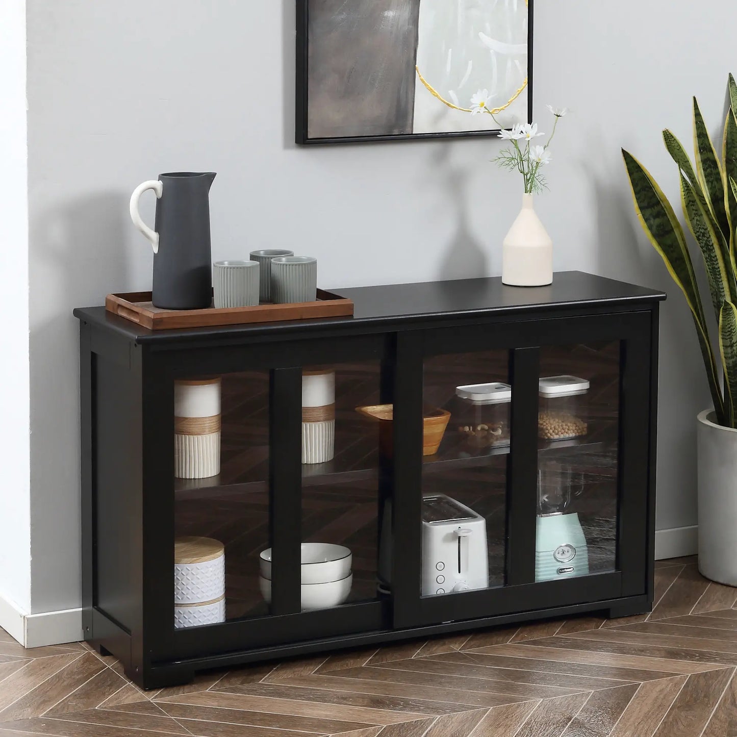Modern Kitchen Sideboard, Stackable Storage Cabinet, Sliding Glass Door, Black Bar Cabinets at Gallery Canada