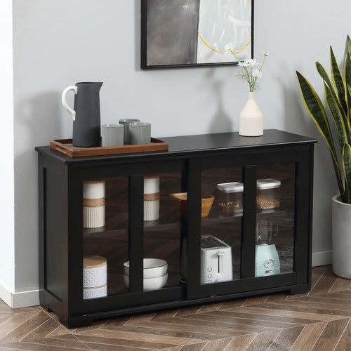 Modern Kitchen Sideboard, Stackable Storage Cabinet, Sliding Glass Door, Black