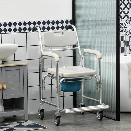 3-in-1 Shower Commode Wheelchair, Padded Seat, Elderly Disabled Transport Chair