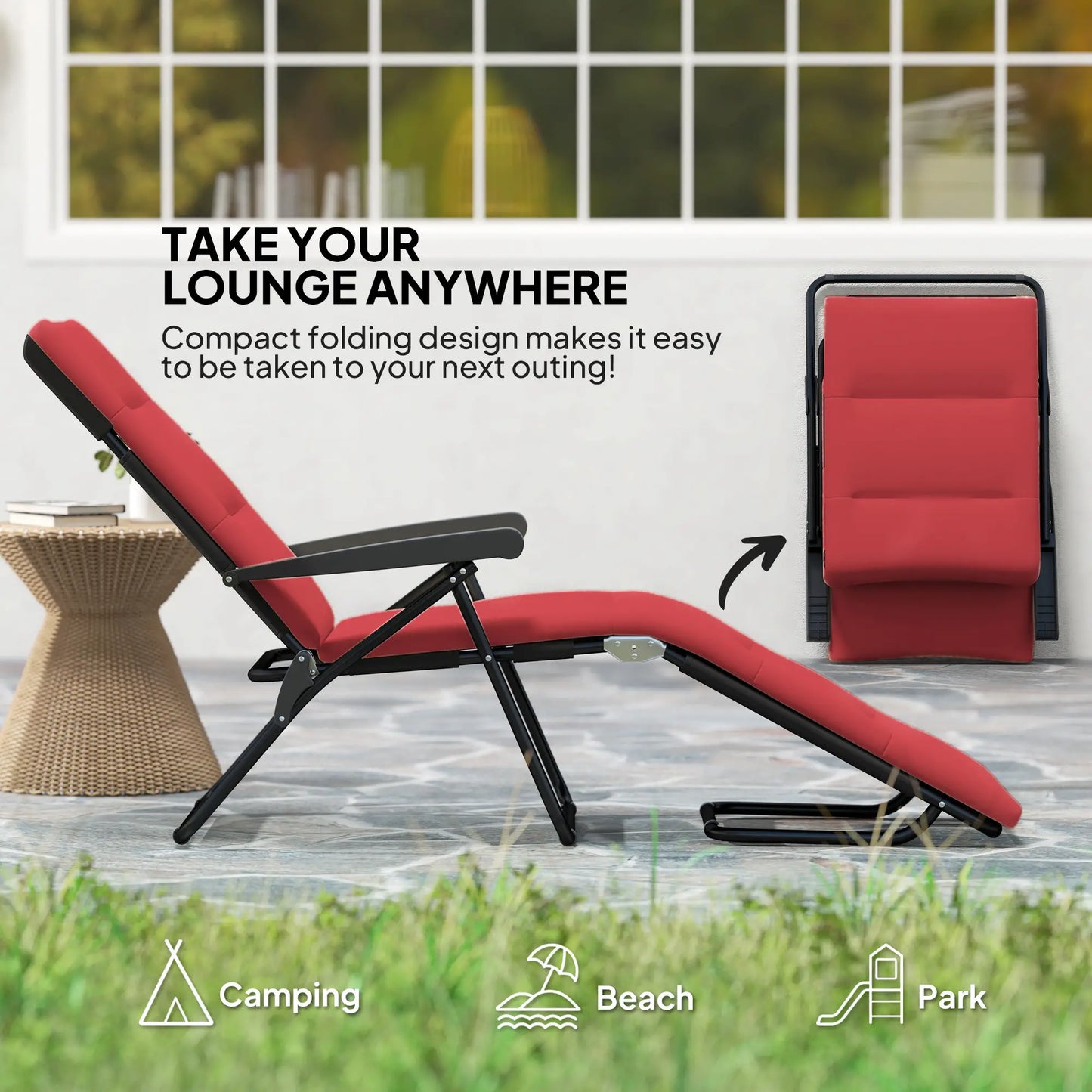 Foldable Reclining Patio Lounge Chair, 6-Position Adjustable, Wine Red Lounger Chairs at Gallery Canada