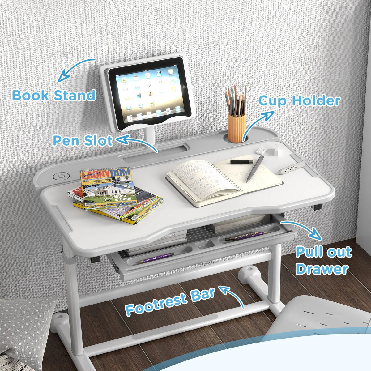 Adjustable Kids Desk and Chair Set, Tilt Desktop, Large Board, Drawer, Grey Kids Desk Sets at Gallery Canada