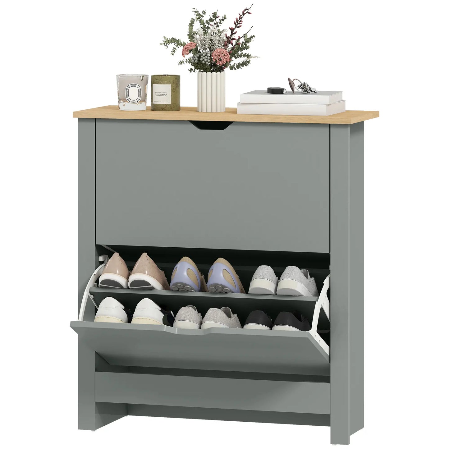Shoe Storage Cabinet, 2 Flip Drawers, Adjustable Shelves, Light Grey Shoe Storage Cabinets & Racks Light Grey, Natural Wood at Gallery Canada