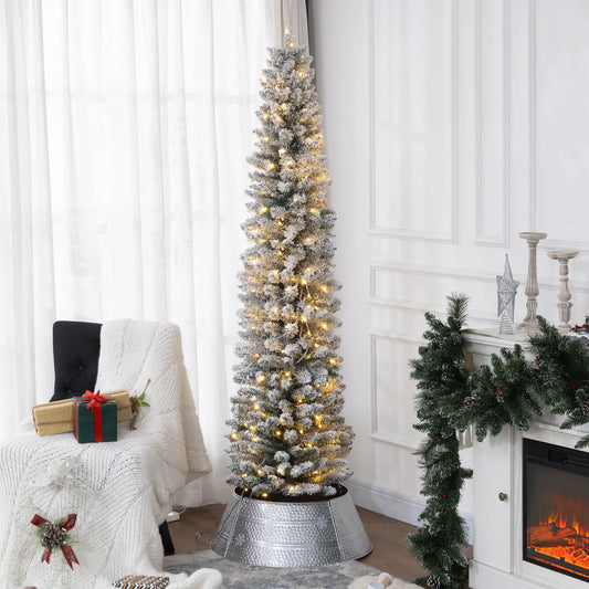 7ft Prelit Snow Flocked Christmas Tree, Metal Base, Warm White LED Pre Lit Christmas Trees Green at Gallery Canada