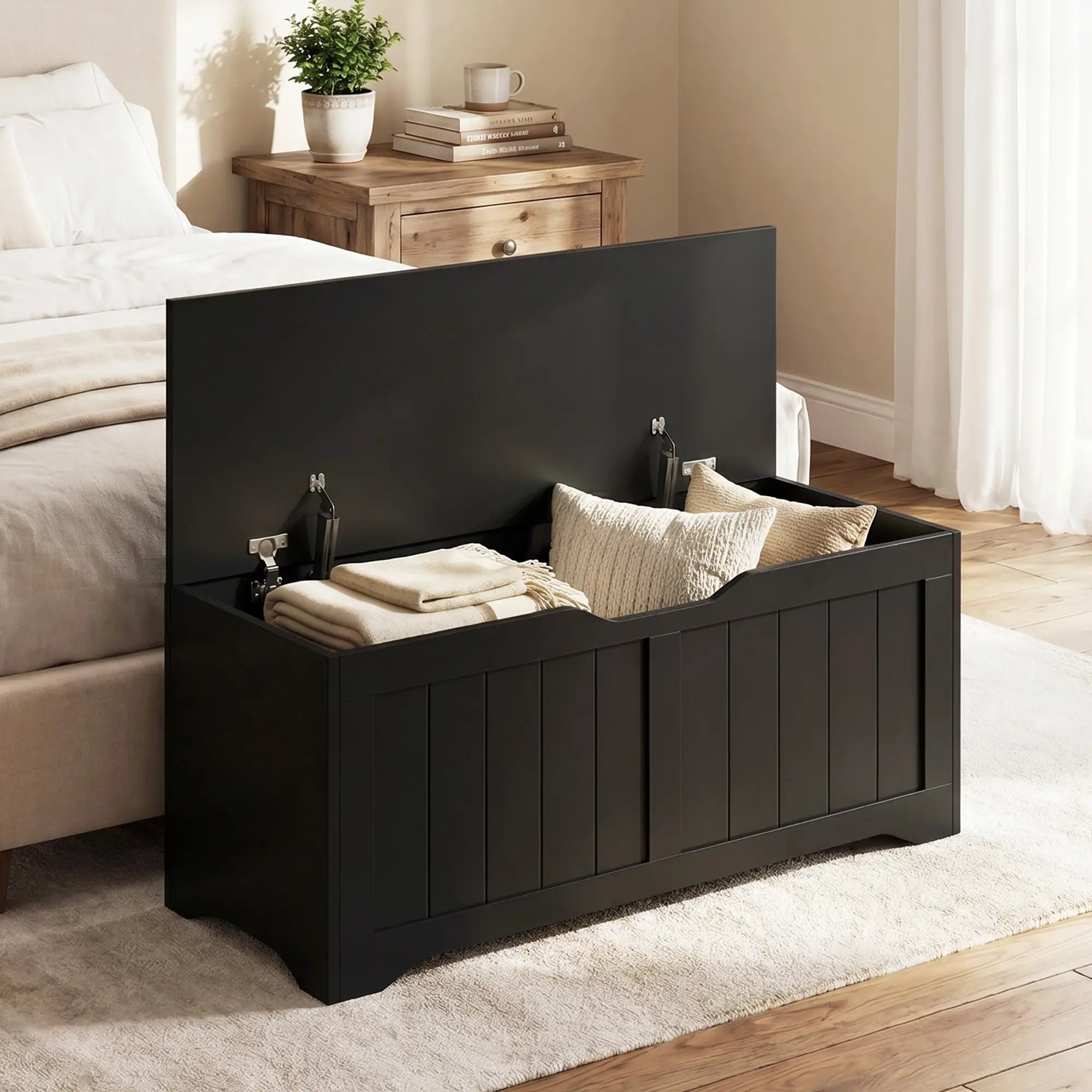 Storage Bench with Lift Top Storage Chest with Safety Hinges for Entryway, Living Room, Black Storage Cabinets at Gallery Canada