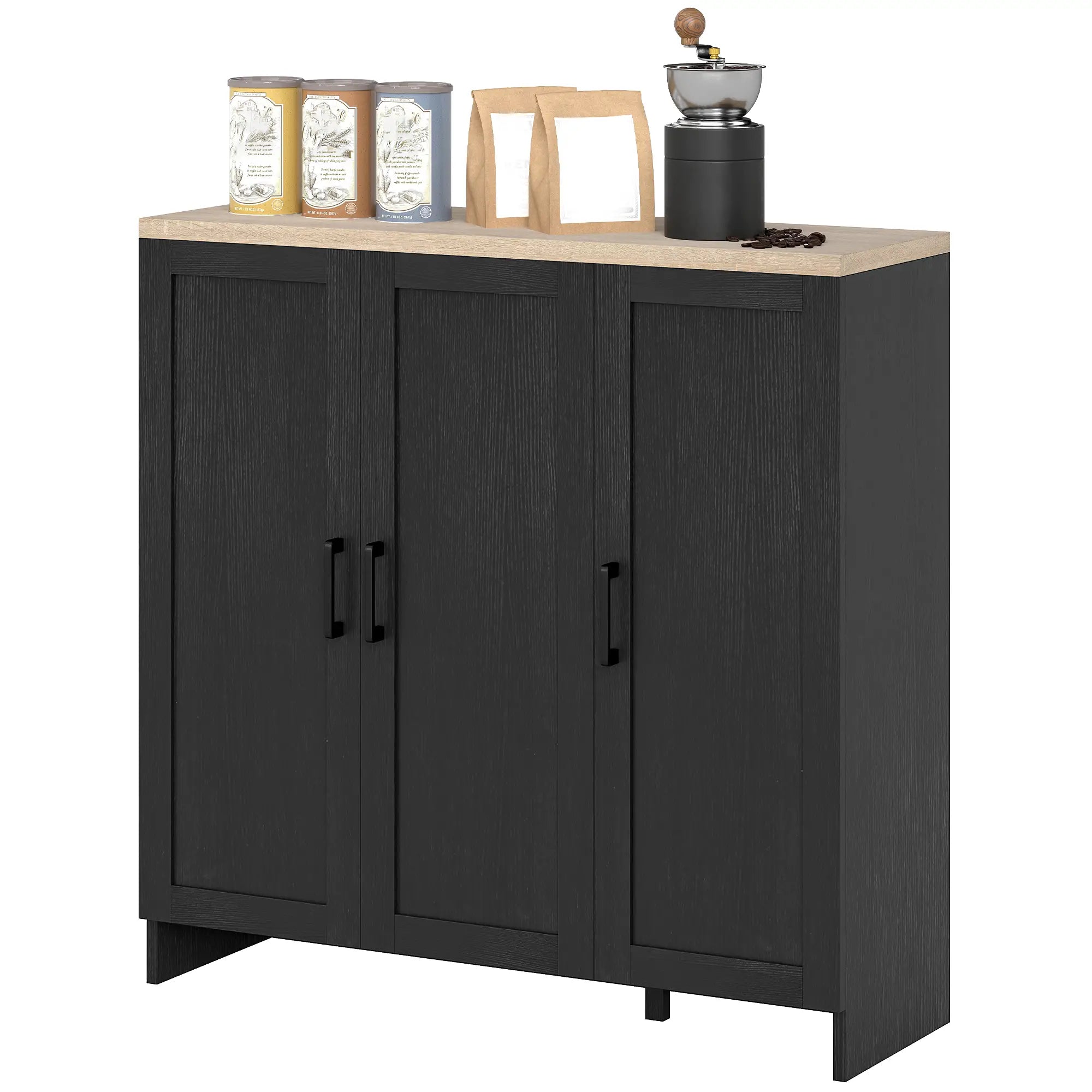 Modern Sideboard Buffet Cabinet, 3 Doors Adjustable Shelves, Black Kitchen Pantry Cabinets Black, Natural at Gallery Canada