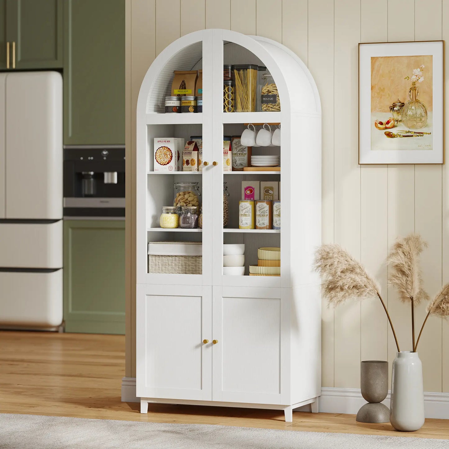 Arched Pantry Cabinet, 71" Tall, Acrylic Glass Doors, White Kitchen Pantry Cabinets at Gallery Canada