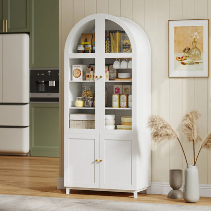 Arched Pantry Cabinet, 71" Tall, Acrylic Glass Doors, White Kitchen Pantry Cabinets at Gallery Canada