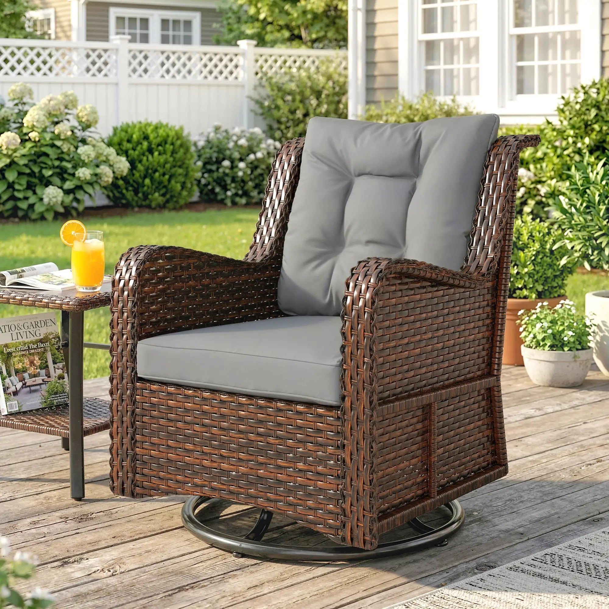 PE Rattan Swivel Patio Chair with Cushion, Dark Grey Patio Chairs at Gallery Canada