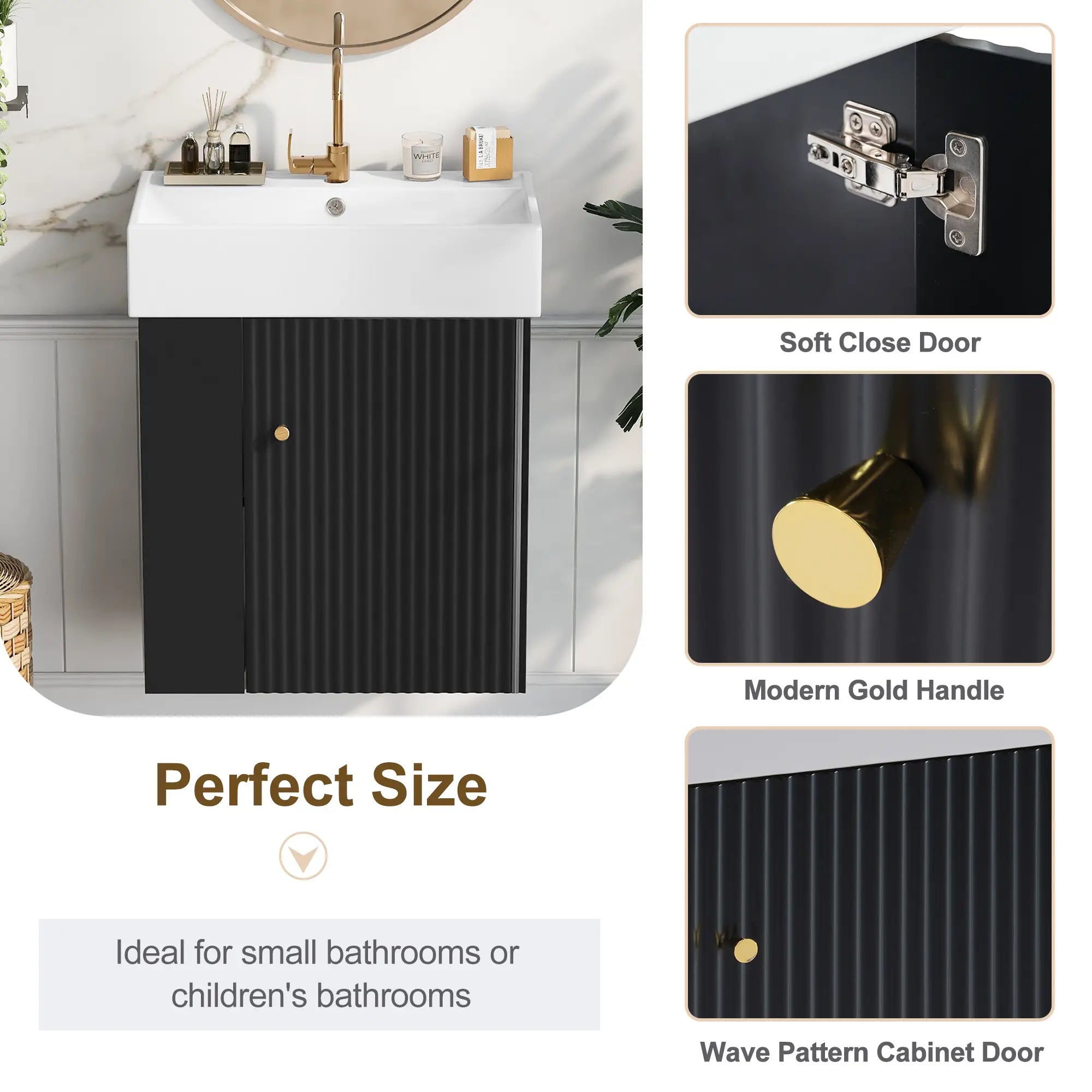 Floating Bathroom Vanity, Ceramic Basin, Side Storage, 21.5