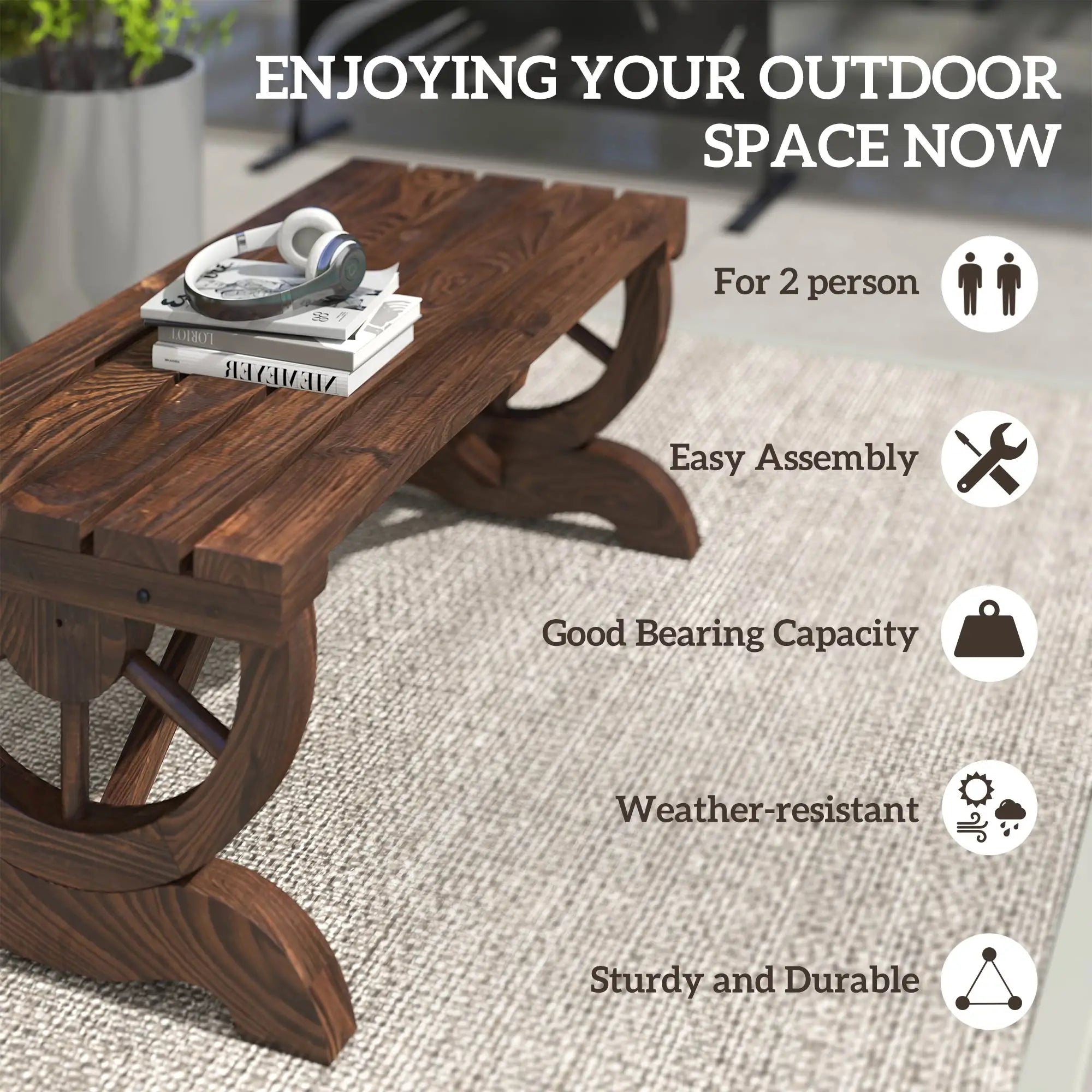 Rustic Wood Wheel Outdoor Garden Bench, 2-Person, Brown Outdoor Benches at Gallery Canada