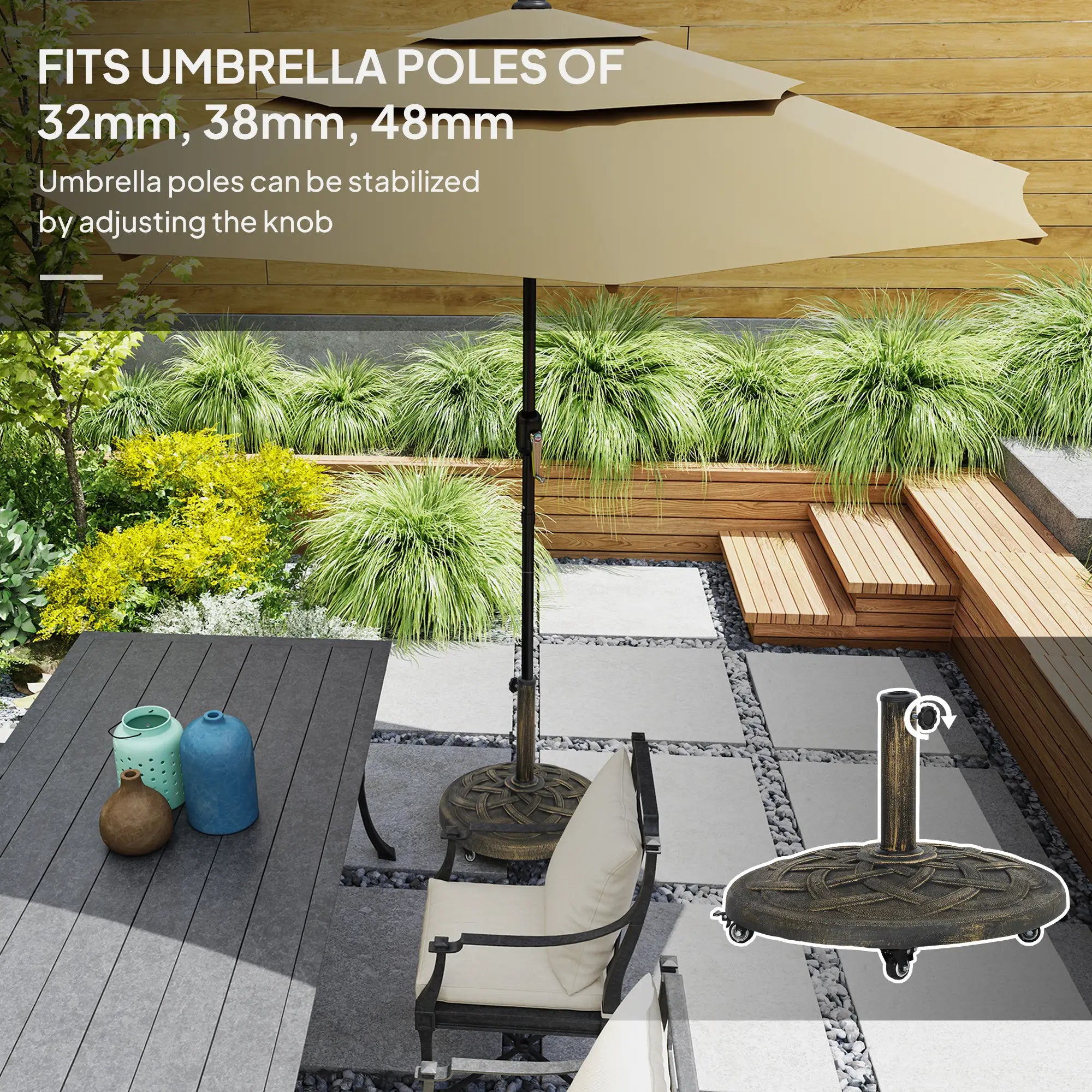 Round Patio Umbrella Base With Wheels, 44 Lbs Resin Stand, 1.3