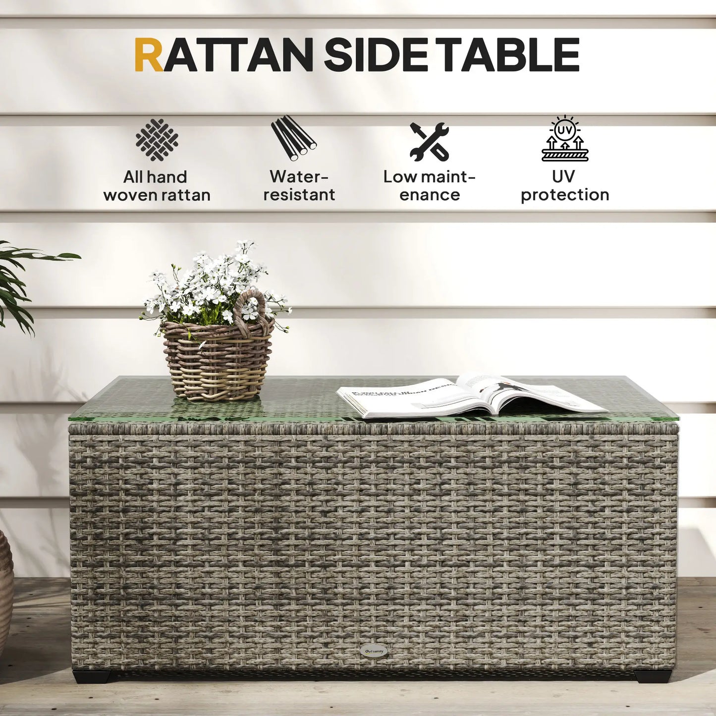 PE Wicker Outdoor Coffee Table, Rectangular Patio Table With Tempered Glass Top, Dark Grey Patio Side Tables at Gallery Canada