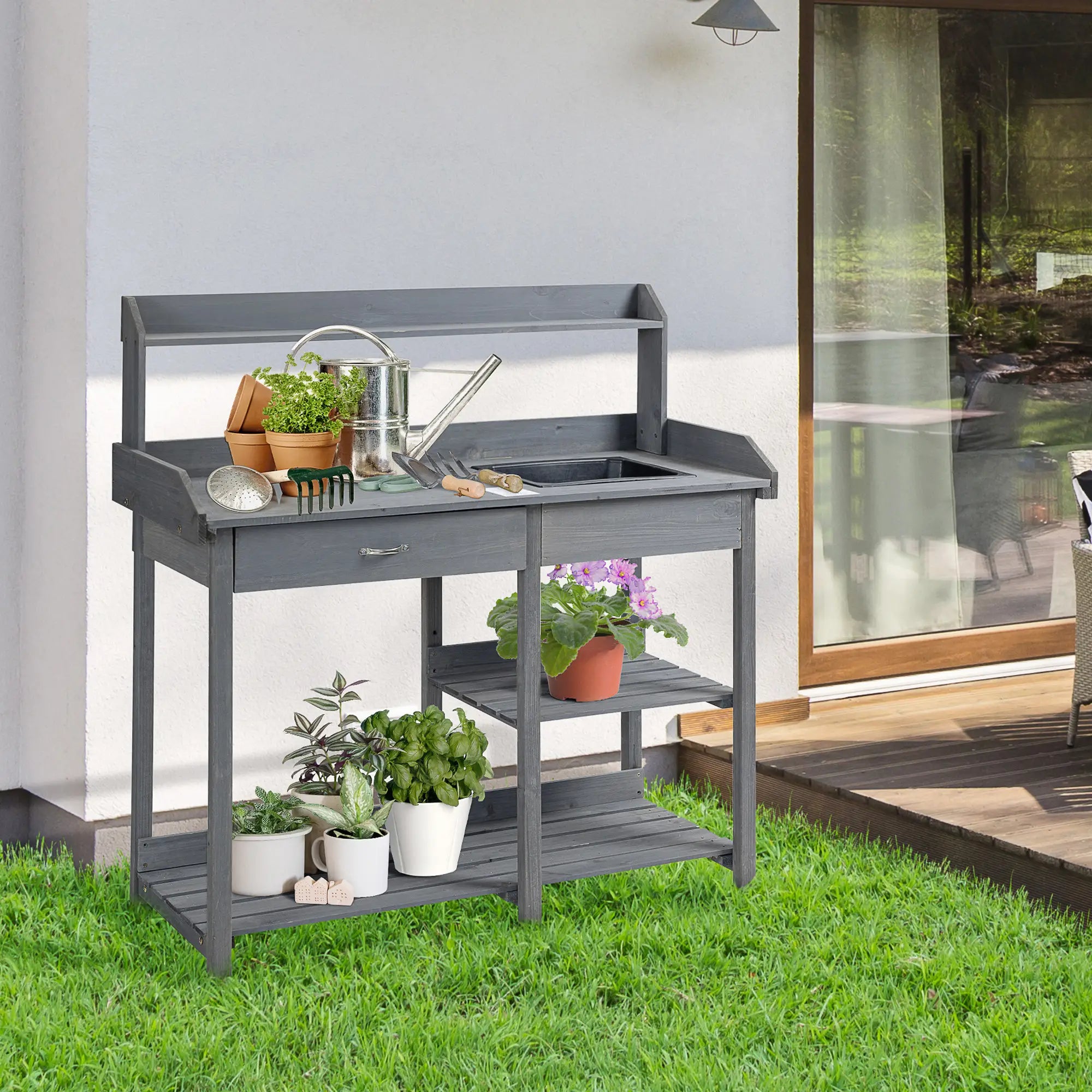 Potting Bench Table with Drawer, Removable Sink, Storage Shelves Potting Benches & Tables at Gallery Canada