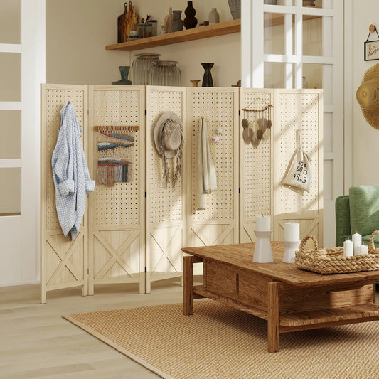 Wooden Room Divider, 6 Panel Folding Privacy Screen, Natural Wood Room Dividers Natural at Gallery Canada