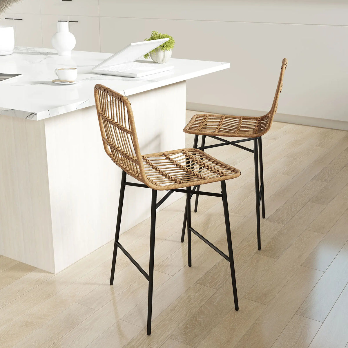Rattan Counter Height Bar Stools Set Of 2, 26" Counter Stools With Back, Brown Bar Stools at Gallery Canada