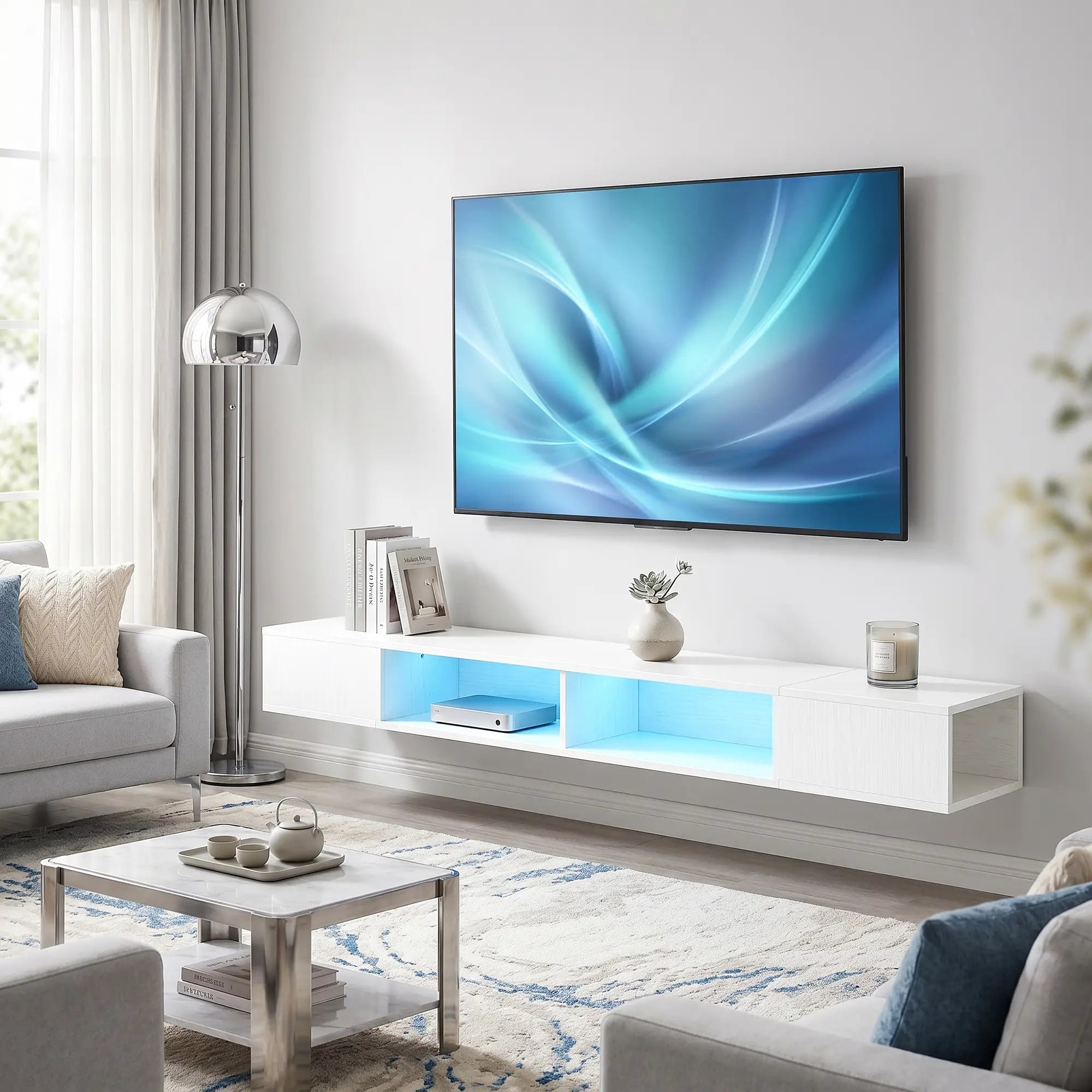 TV Stand with RGB LED Lights, Entertainment Center with Open Shelves for 75 Inch TV, White TV Stands at Gallery Canada