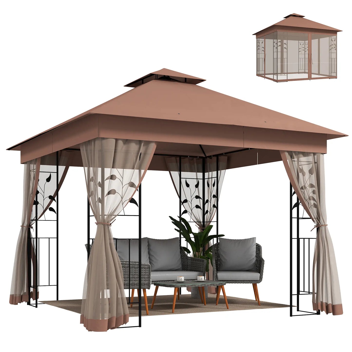 10'x10' Dark Brown Steel Patio Gazebo, Soft-Top Sun Shelter, Dark Brown Gazebos Dark Brown at Gallery Canada