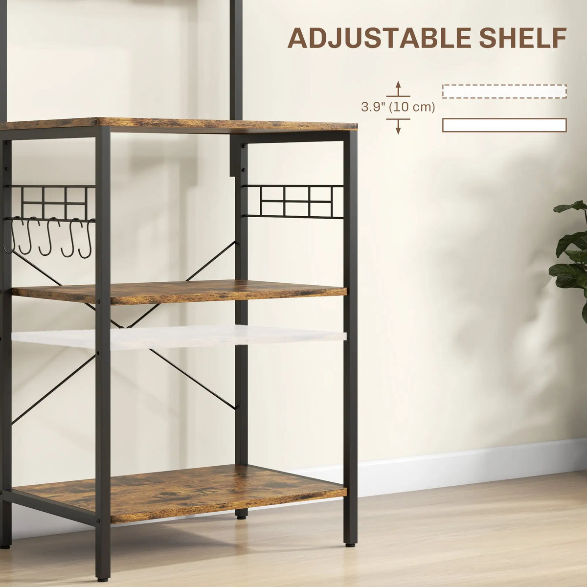 Kitchen Baker's Rack with Power Outlet, Adjustable Shelves, Rustic Brown, Brown Bar Cabinets at Gallery Canada