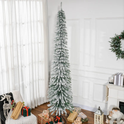9ft Snow-Flocked Artificial Christmas Tree, Slim Pencil, Metal Base, Green Flocked Christmas Trees at Gallery Canada