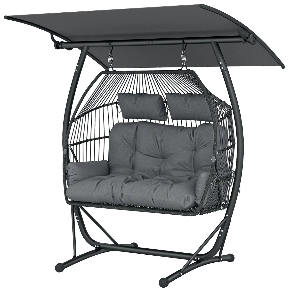 Hanging Double Egg Chair with Canopy, Cushion, Stand, Dark Grey Patio Swings with Stand Grey, Dark Grey at Gallery Canada