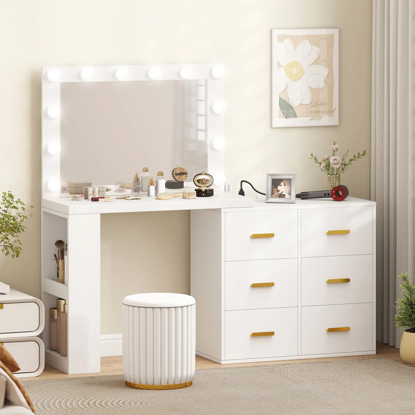 Vanity Desk with Mirror, LED Lights, Power Outlet, White Dressing & Vanity Tables at Gallery Canada