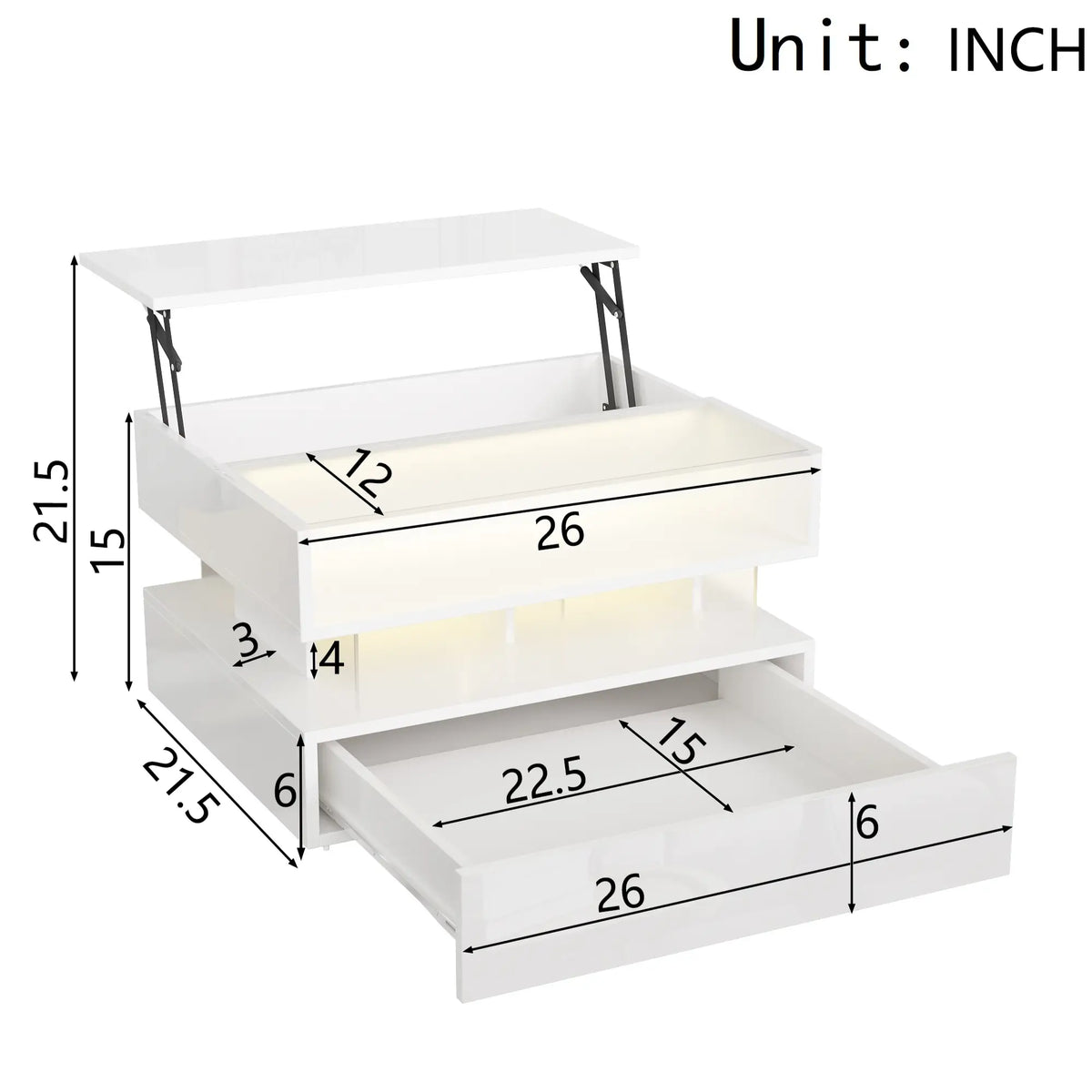 Glass Top LED Coffee Table, Storage Drawer, Adjustable Height, 26" L x 21.5" W x 21.5" H, White Coffee Tables at Gallery Canada