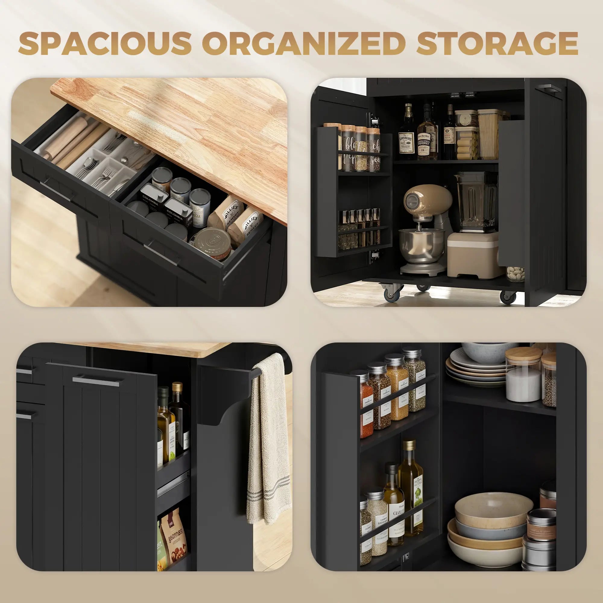 Rolling Kitchen Island With Drop Leaf, Charging Station, Black Kitchen Islands & Kitchen Carts at Gallery Canada