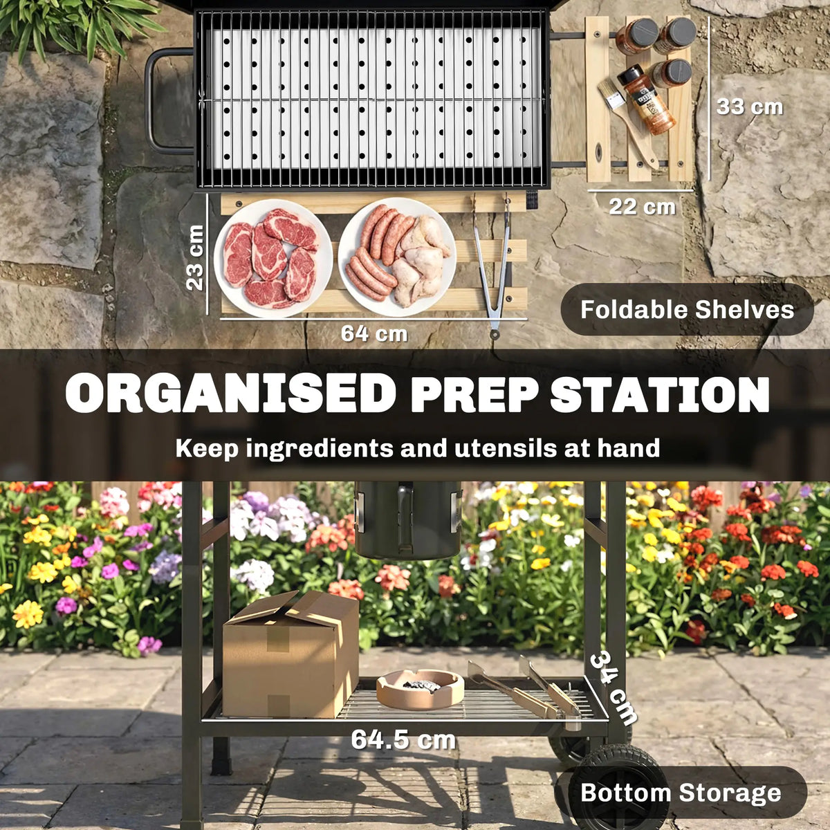 Charcoal BBQ Grill With Foldable Shelves, Warming Rack, Thermometer, Wheels