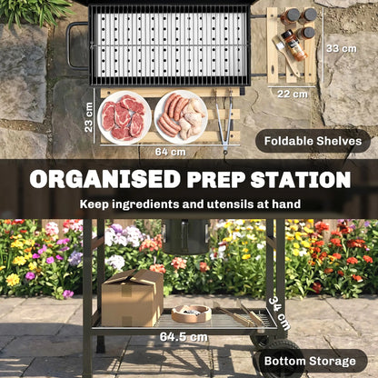Charcoal BBQ Grill With Foldable Shelves, Warming Rack, Thermometer, Wheels