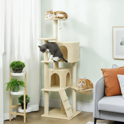 63 Inch Cat Tree, Sisal Scratching Posts, Condos, Perches, Hammock, Ladder, Beige