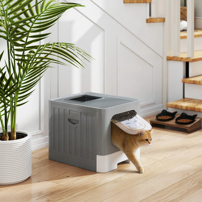 Foldable Cat Litter Box With Lid, Slide-Out Drawer, Scoop, Easy Clean, Grey Cat Litter Box Enclosures at Gallery Canada