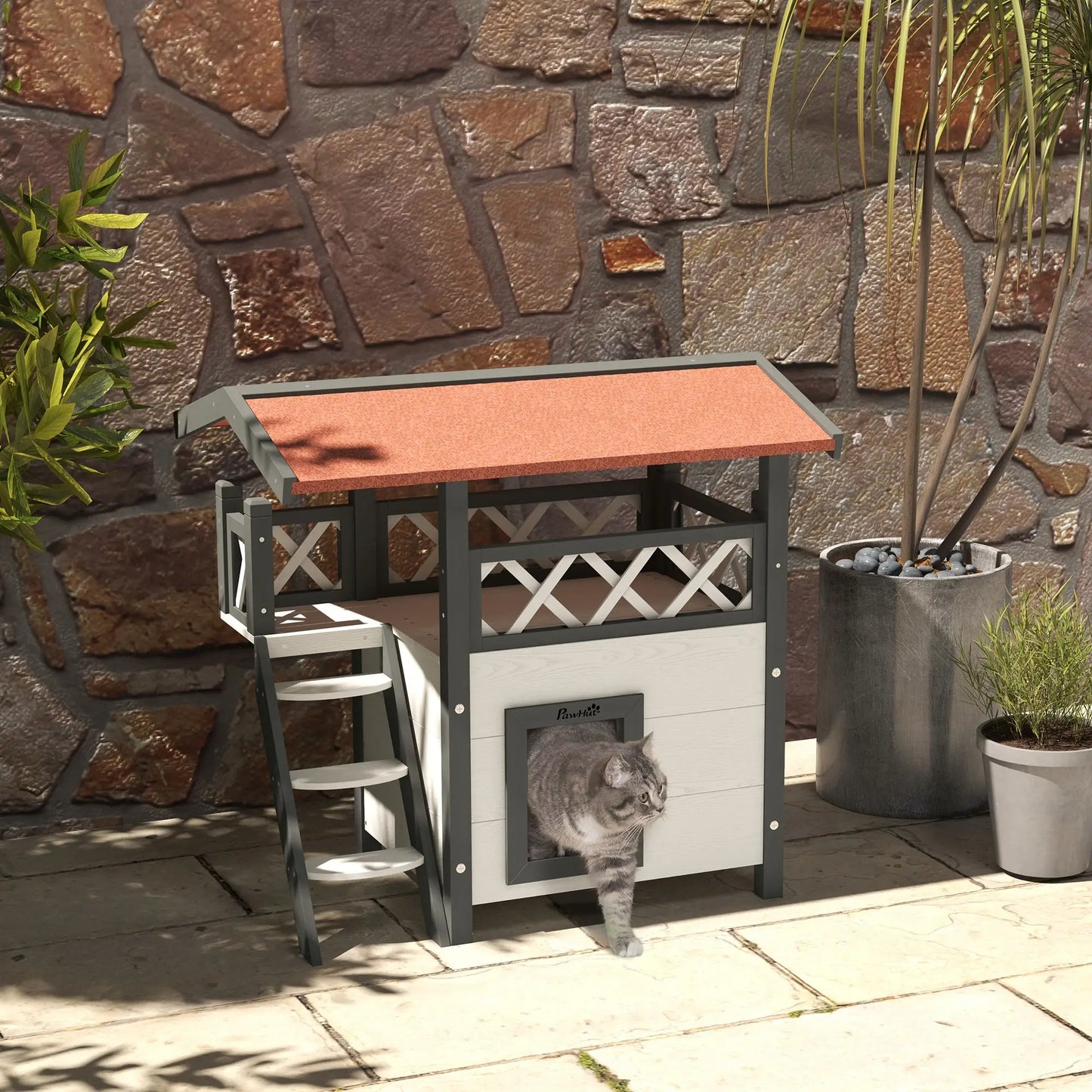 Wooden 2-Story Cat Shelter, Asphalt Roof, Stairs, Balcony, 30" x 20" x 29", White Cat Houses at Gallery Canada