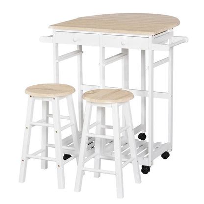 3 Piece Kitchen Cart Set, Drop Leaf Table, 2 Stools, Rolling Wheels, Wood, White Kitchen Islands & Kitchen Carts Wood Color and White at Gallery Canada