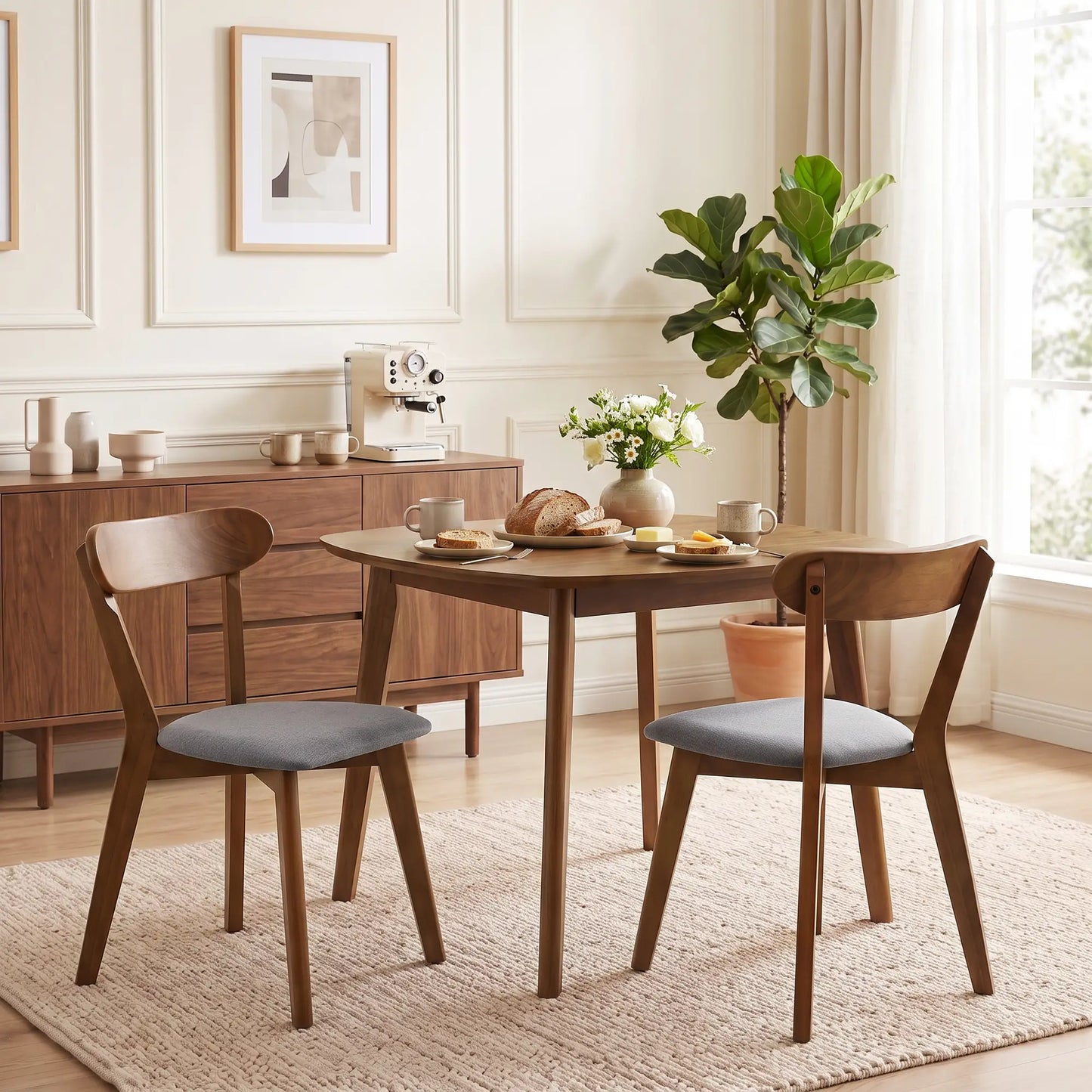Upholstered Linen-Look Dining Chairs, Rubberwood Legs, Set of 2, Grey & Brown