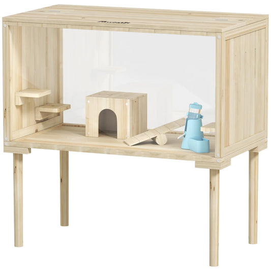 28"L Wooden Hamster Cage, Seesaw, Water Bottle, Food Dish, Hut, Transparent Panel Hamster Cages Natural at Gallery Canada