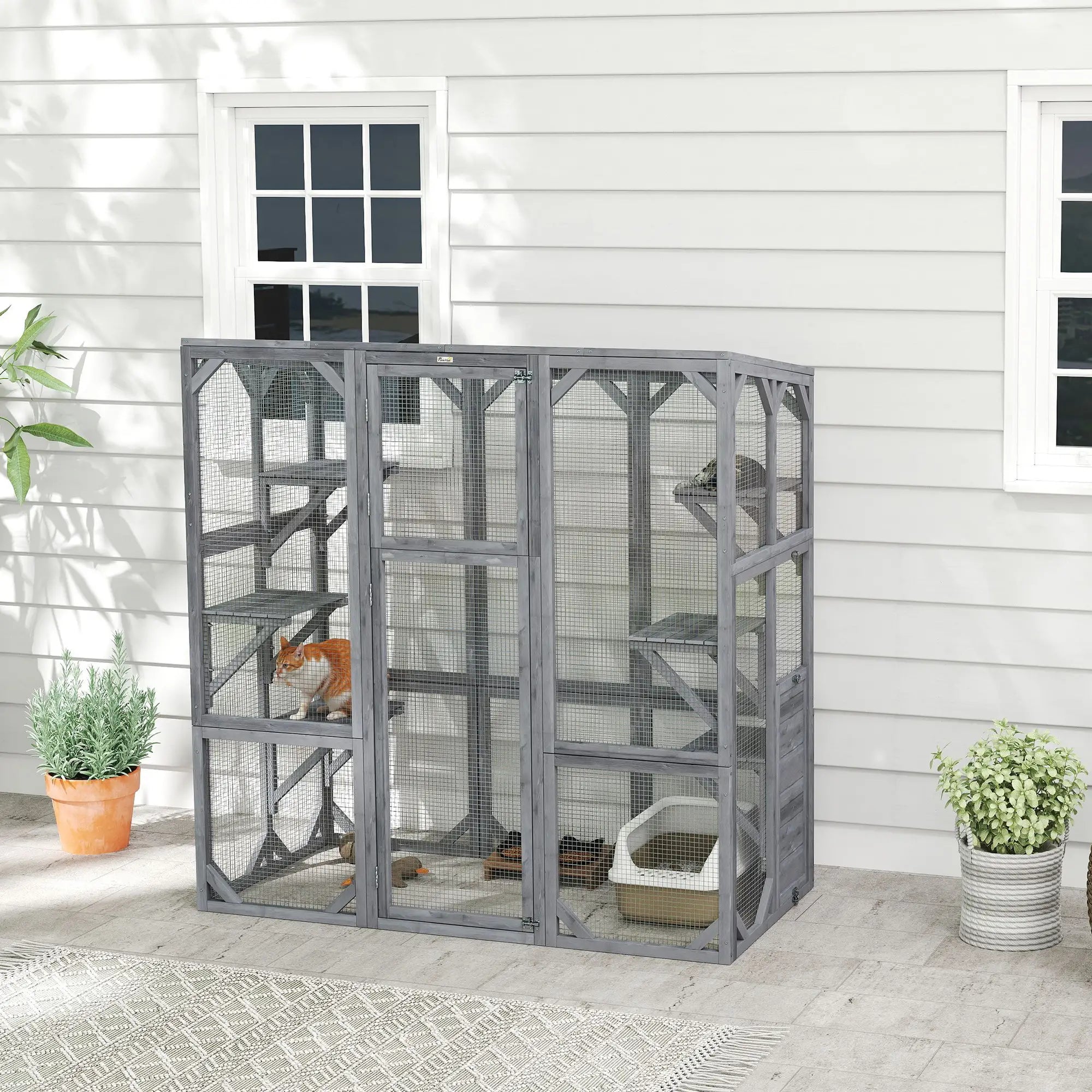Outdoor Cat Enclosure, 6 Jumping Platforms, Weatherproof Roof, Large Door, 59