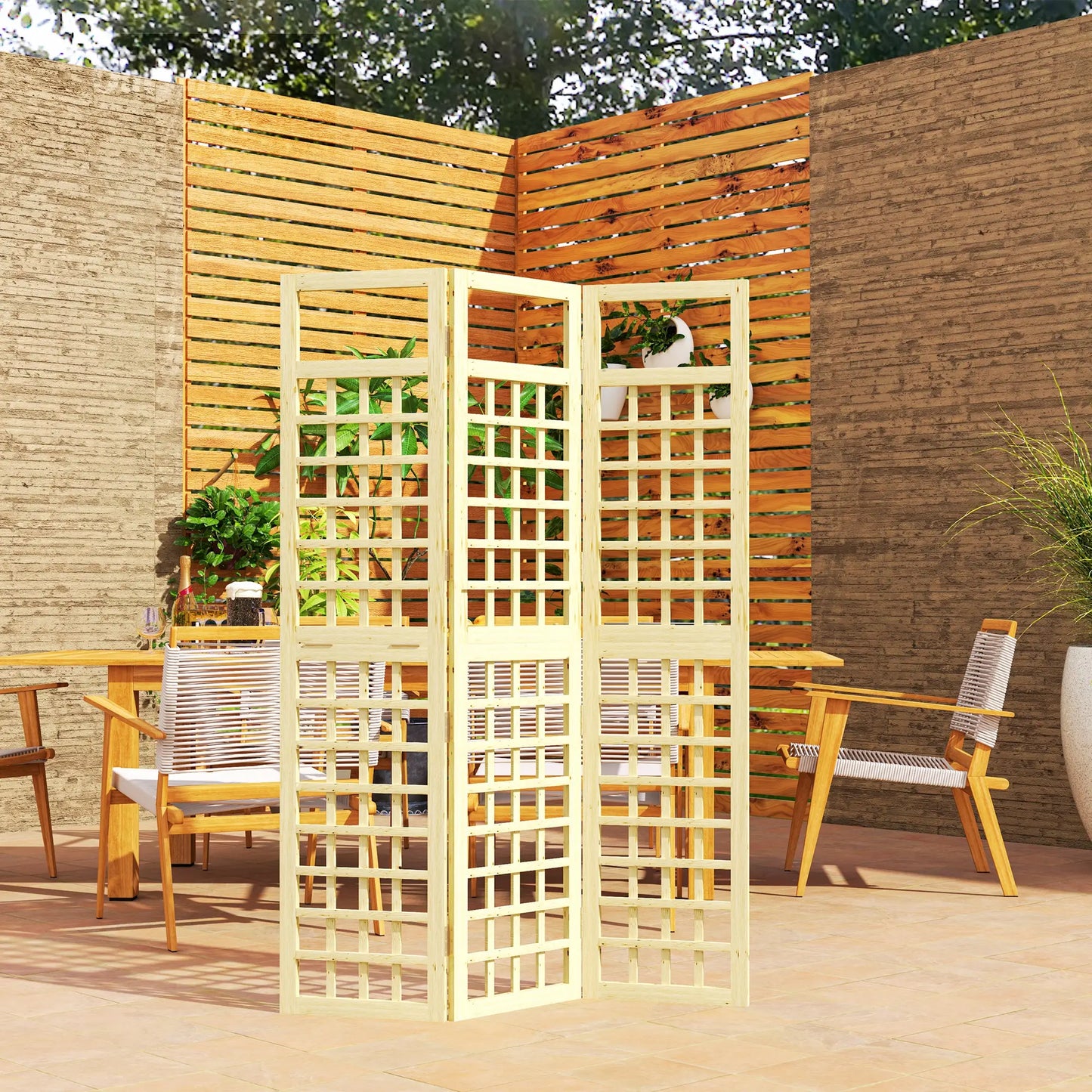 3 Panel Outdoor Wood Privacy Screen, Folding Room Divider, 47.2" x 66.9", Natural Wood Side Awnings at Gallery Canada