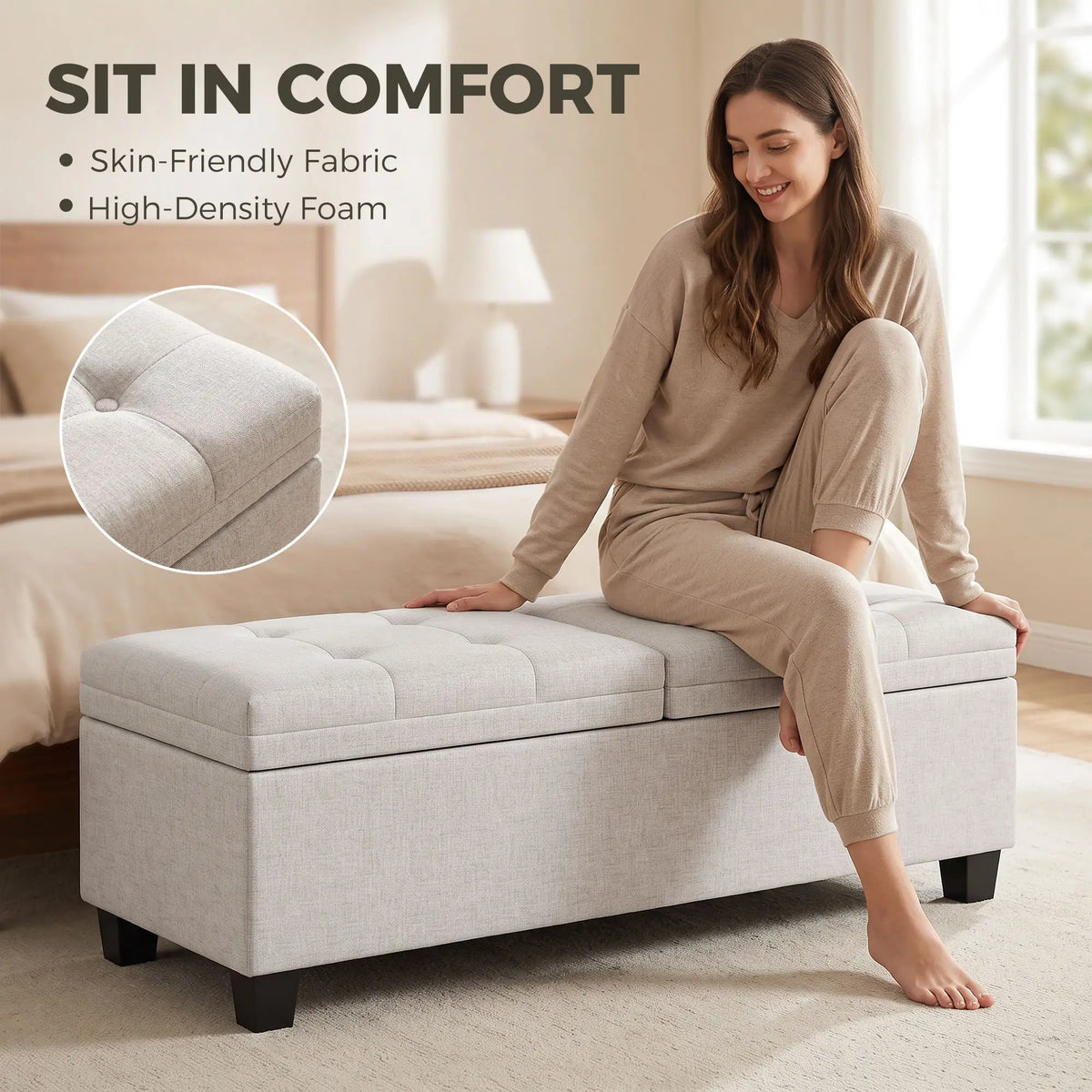 51.2" Storage Ottoman Bench, End of Bed Bench, Cream White Storage Ottomans & Benches at Gallery Canada
