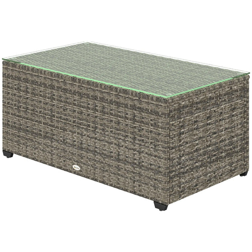 PE Wicker Outdoor Coffee Table, Rectangular Patio Table With Tempered Glass Top, Dark Grey
