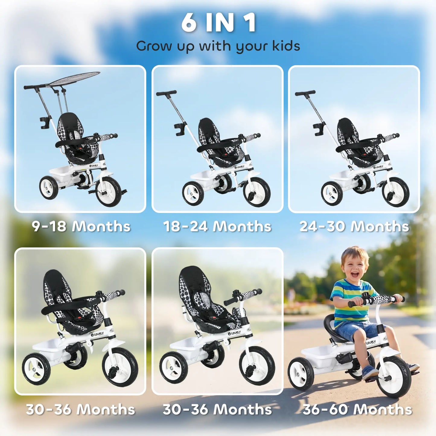 6 in 1 Kids Tricycle, Removable Handlebar, Canopy, White Tricycles for Kids at Gallery Canada