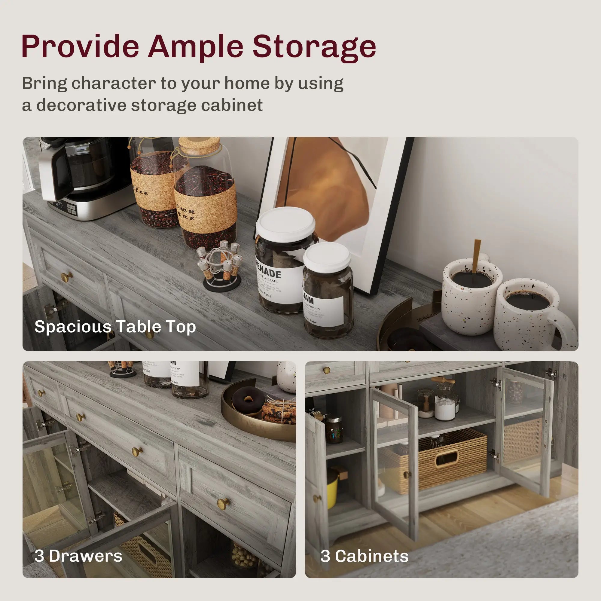 Sideboard Buffet Cabinet, Coffee Bar with Glass Doors, Adjustable Shelves, Weathered Grey Oak, Grey Bar Cabinets at Gallery Canada