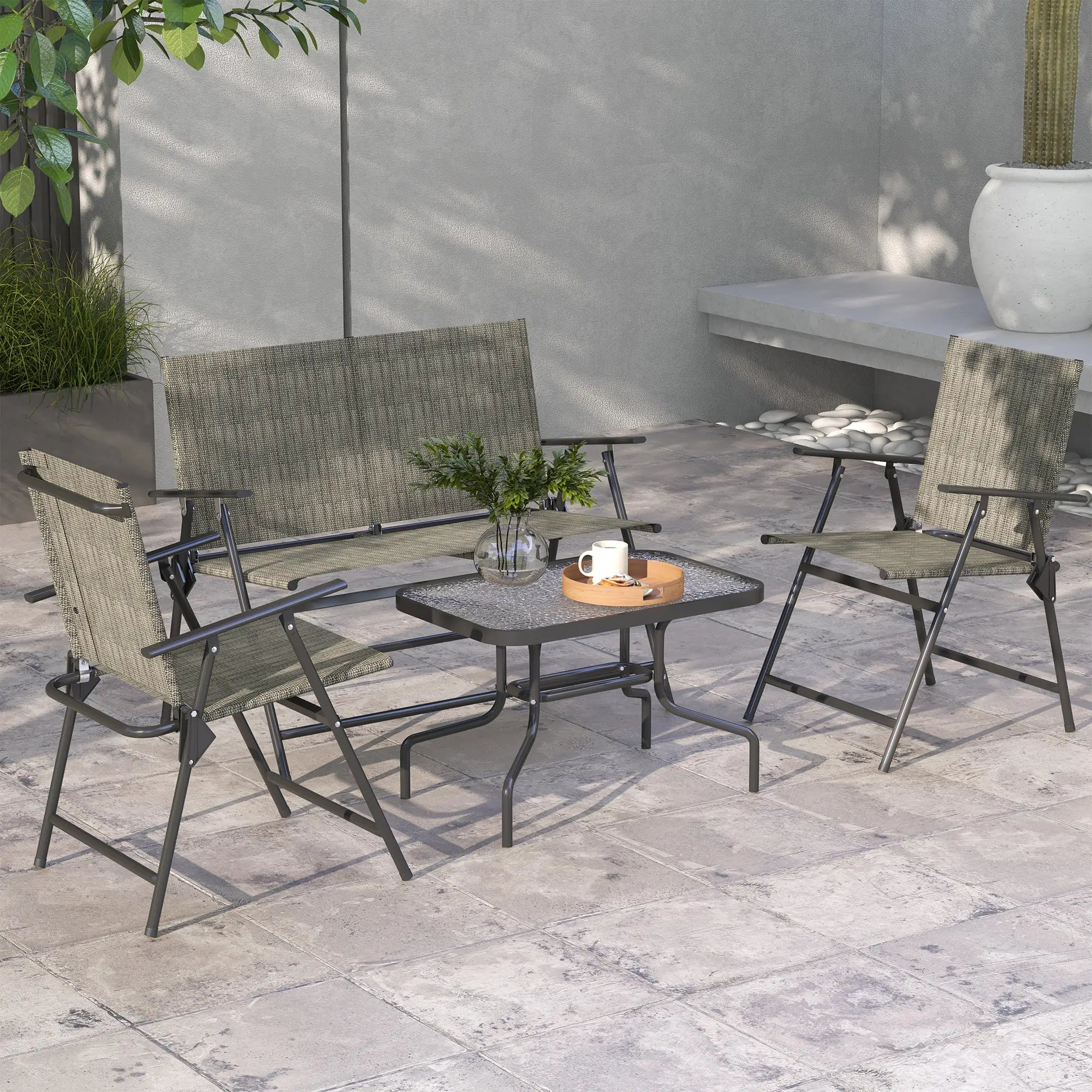 Outdoor 4-Piece Patio Set, 2 Foldable Armchairs, Loveseat, Glass Table, Brown Patio Furniture Sets at Gallery Canada