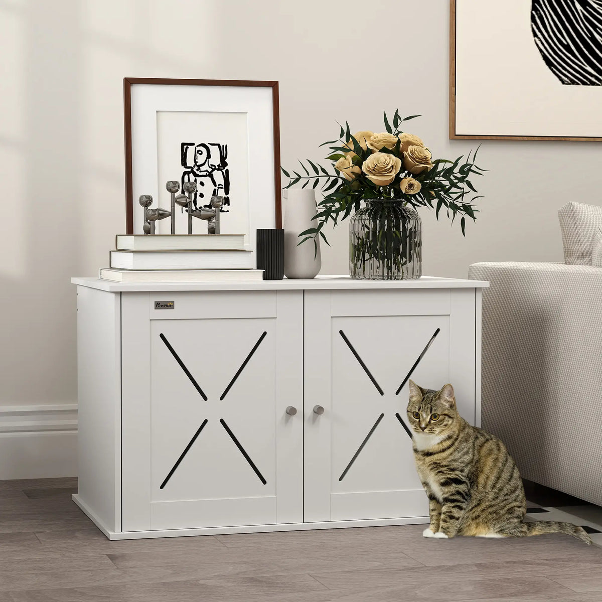 Hidden Cat Litter Box Enclosure, Double Doors, Hole, 31.5" x 19" x 20", White Cat Litter Box Enclosures at Gallery Canada