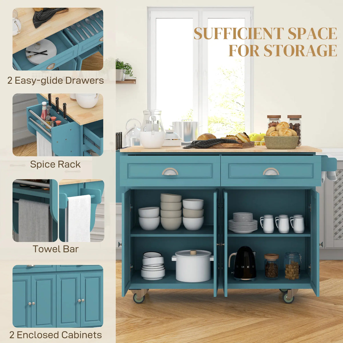 Rolling Kitchen Island with Storage, Drop Leaf, Rubber Wood Top, Light Blue Kitchen Islands & Kitchen Carts at Gallery Canada