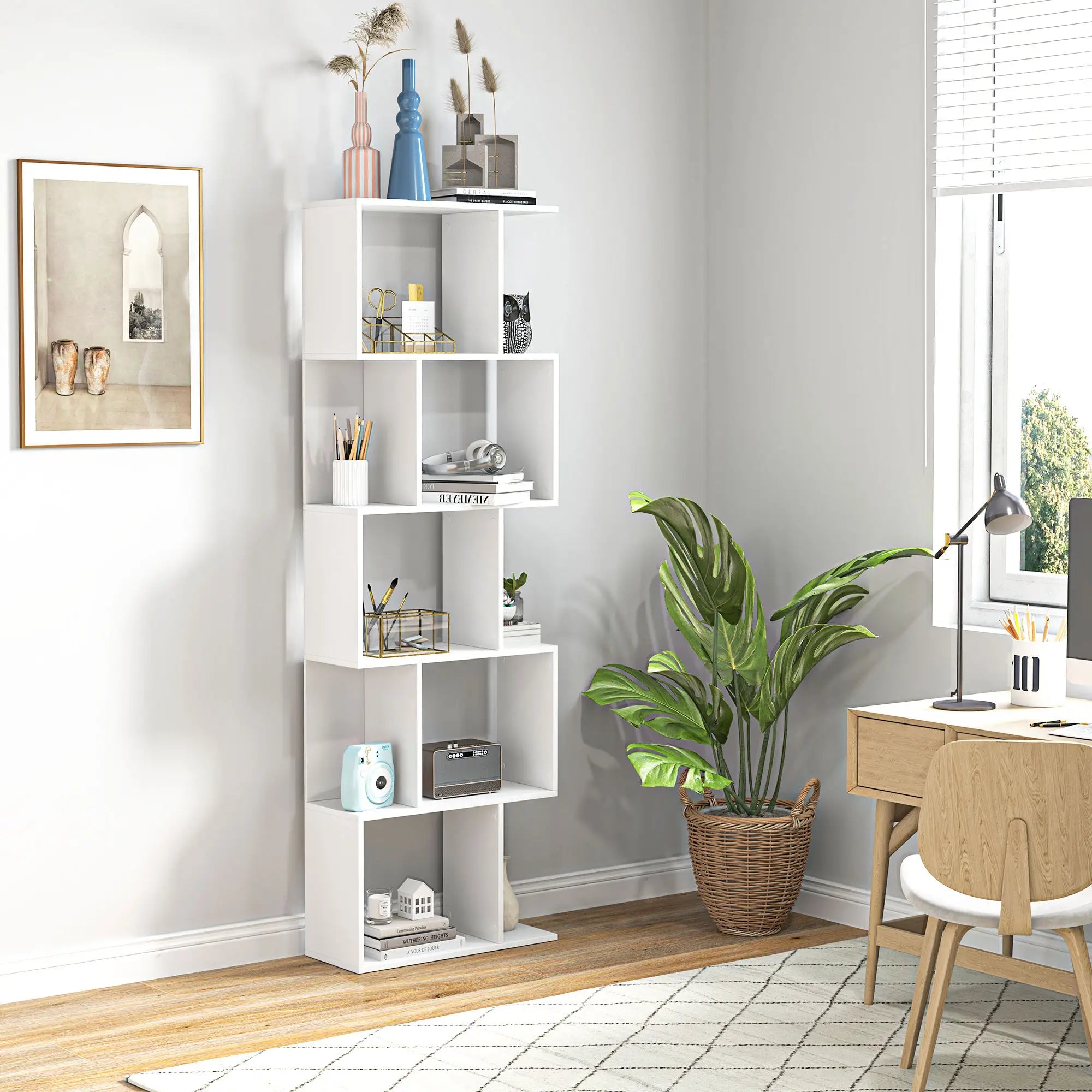 5-Tier Geometric Bookshelf, S Shaped Bookcase, White Display Bookshelves at Gallery Canada