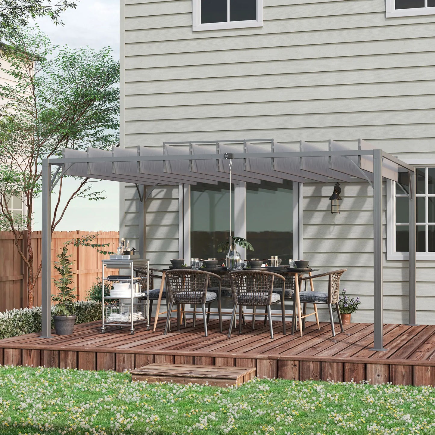 12.8' x 9.7' Outdoor Pergola, Retractable Roof, Aluminium Louvered Canopy, Grey Pergolas at Gallery Canada