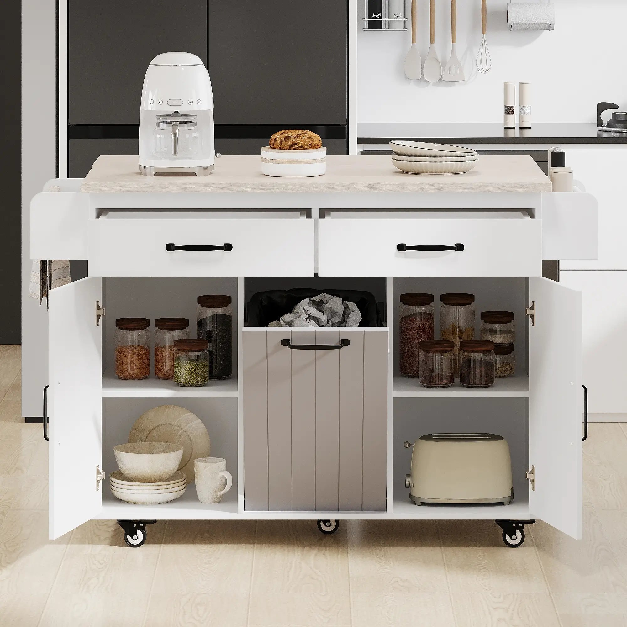 Kitchen Island with Tilt-Out Trash Cabinet, Adjustable Shelf, 51